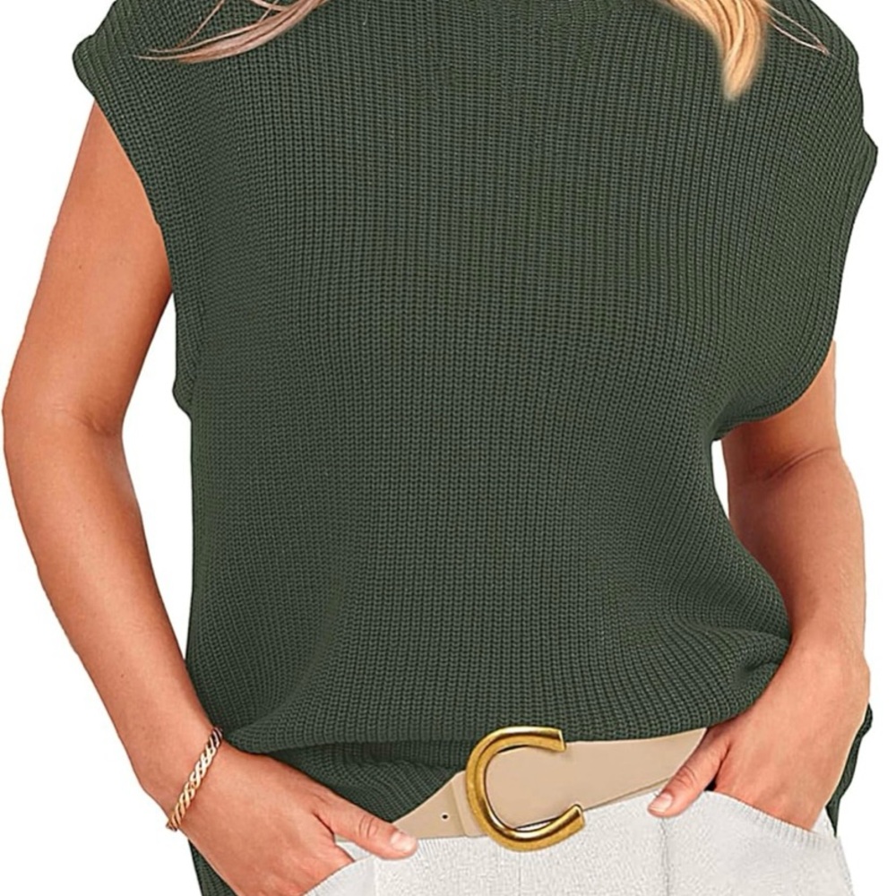 PRETTYGARDEN Olive Green Mock Neck Cap Sleeve Sweater Vest/Sleeveless Top Size L